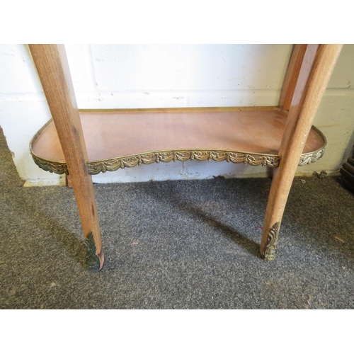 1014 - A French kingwood kidney shape console table, single drawer to base, brass galleried top with marble... 