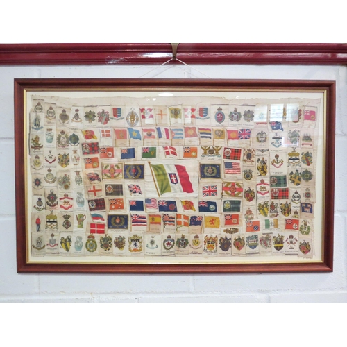 1035 - A display of vintage flag design silk cigarette cards, 46cm x 82cm image size, framed and glazed