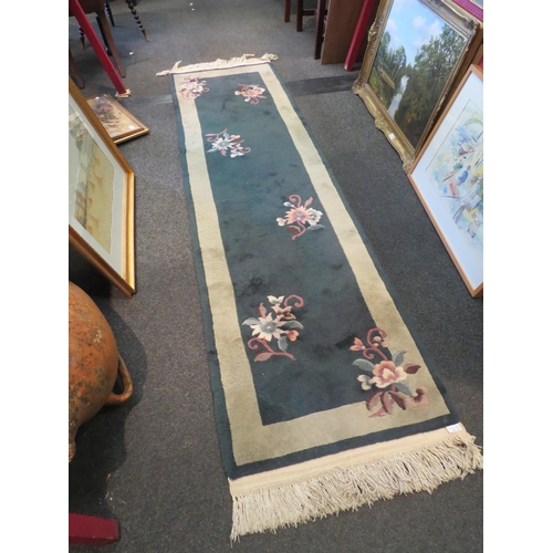 1056 - Three modern Chinese rugs, green floral design runner rug, 245cm x 70cm, pink floral rug, 155cm x 95... 