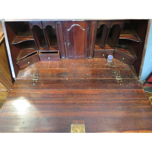 1092 - A George III mahogany bureau on bracket feet, two short over three long drawers, fitted interior, 11... 