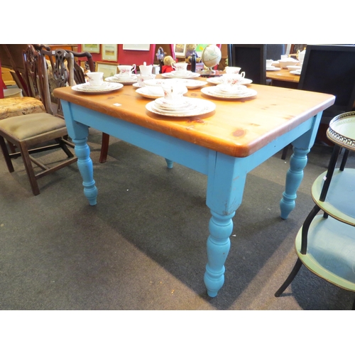 1111 - A pine kitchen table with blue painted base, 78cm high x 120cm long x 90cm wide