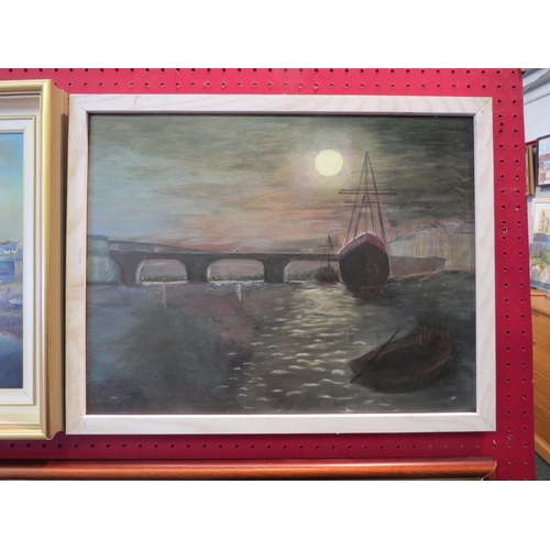 1158 - An oil on board of boats at night, unsigned, framed, 49cm x 39cm image size      (E) £30-50