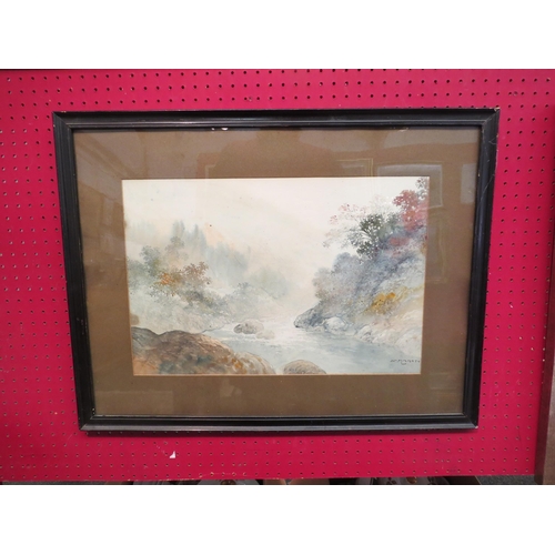 1174 - N. MAKOTO: A Japanese watercolour of river rapids, signed lower right, framed and glazed, 31cm x 46c... 