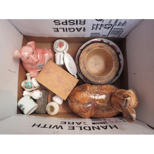 1274 - Two boxes of mixed ceramics, Natwest piggy bank, crested wares, Japanese tea set etc.               ... 