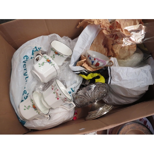 1274 - Two boxes of mixed ceramics, Natwest piggy bank, crested wares, Japanese tea set etc.               ... 