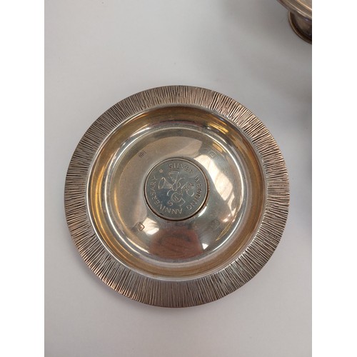 1364 - Three silver bowls, two inset with commemorative coins, total weight 325g