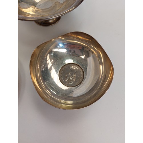 1364 - Three silver bowls, two inset with commemorative coins, total weight 325g