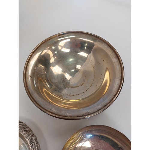 1364 - Three silver bowls, two inset with commemorative coins, total weight 325g