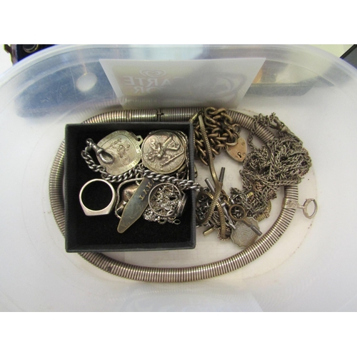 1377 - A box of bijouterie including heavy silver link bracelet, St Christopher, etc