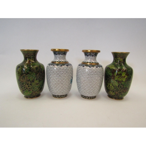 1381 - Two pairs of cloisonne vases in blue and green, floral design, 10cm tall (4)