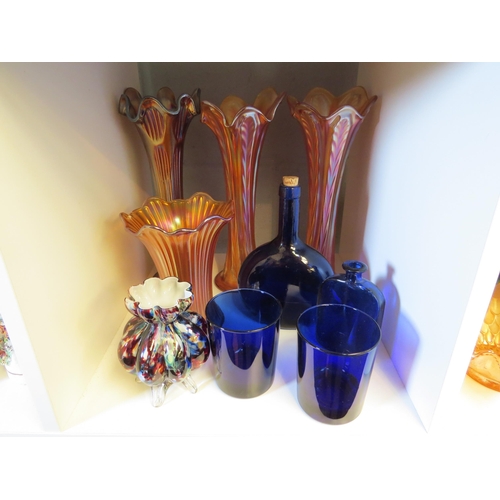 1308 - A quantity of carnival glass including vases and frilled dishes, together with other glass items inc... 