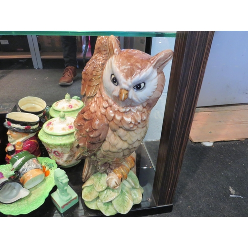 1537 - A large Italian studio pottery owl, Toby jugs, biscuit barrel and W & R Jacobs & Co Ltd biscuit barr... 