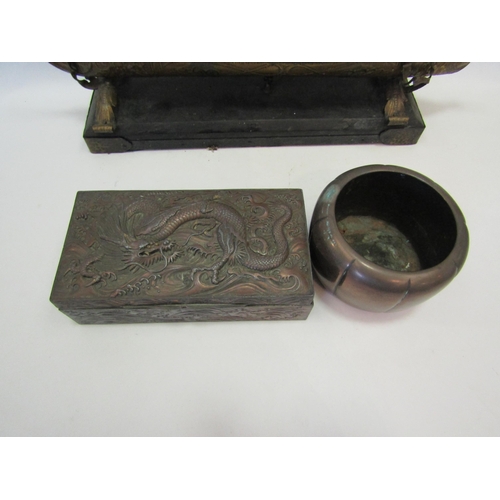 1541 - A metal dragon design boat, an Oriental box with dragon to lid and a pot (3)