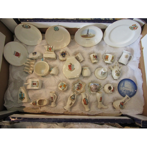 1593 - Three boxes containing crested wares including hen and pig, miniature ceramics etc.