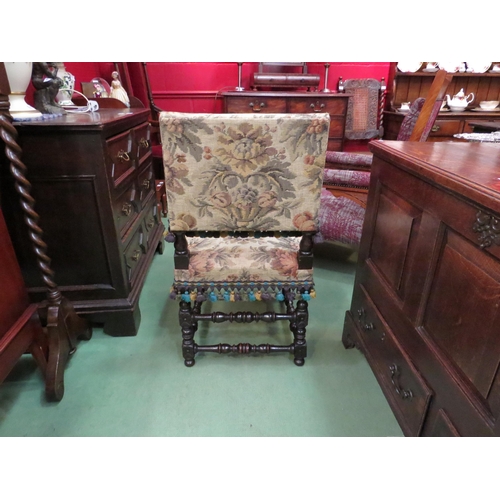 4002 - A 19th Century Cromwellian style carved oak tapestry chair on turned square legs joined by turned st... 