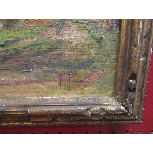 4045 - F.PINAL: An oil on canvas of a rural lake scene with trees to foreground, signed lower right, gilt f... 