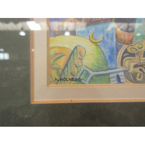 4086 - ANNE HOLNESS: An abstract watercolor of ornaments, signed lower left, framed and glazed, 21cm x 25cm... 