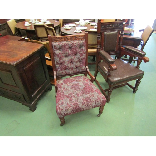 4116 - A ladies and gentleman's carved walnut pair of armchairs on castors  (C)