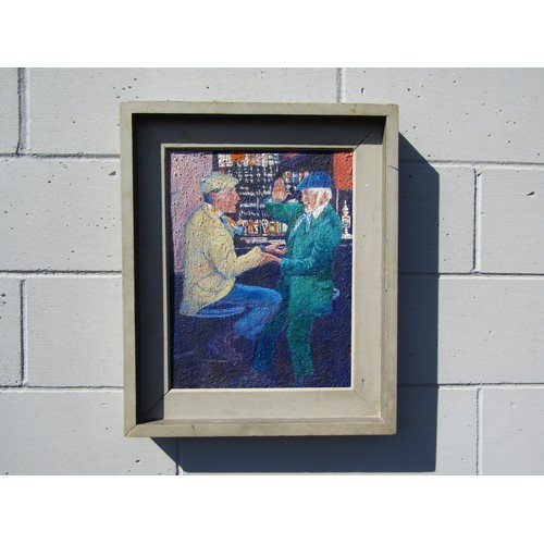 4126 - A framed oil on board depicting two horse dealers bargaining in a bar. Unsigned. 44cm x 35cm