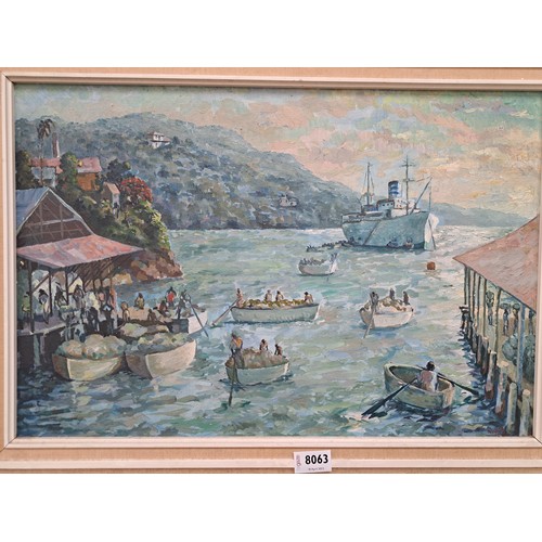 4146 - ALBERT HUIE (1920-2010): An oil on canvas of ocean liner and rowing boats, Mediterranean scene, sign... 