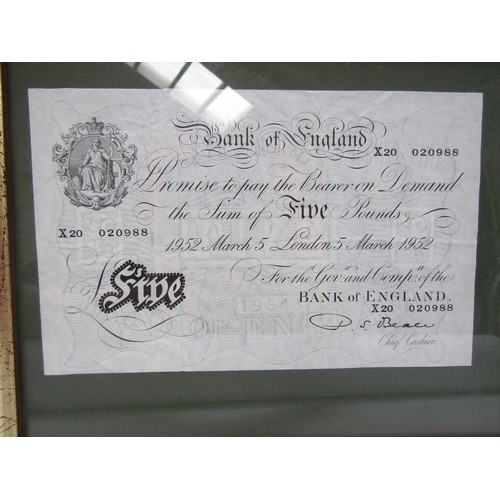 4395 - A framed and glazed Bank of England £5 note, 1952 Beale, X20 020988