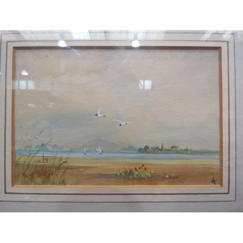 4025 - HEATHER SIMMONDS RMS: A watercolour of seascape and sailboats, monogrammed lower right, framed and g... 