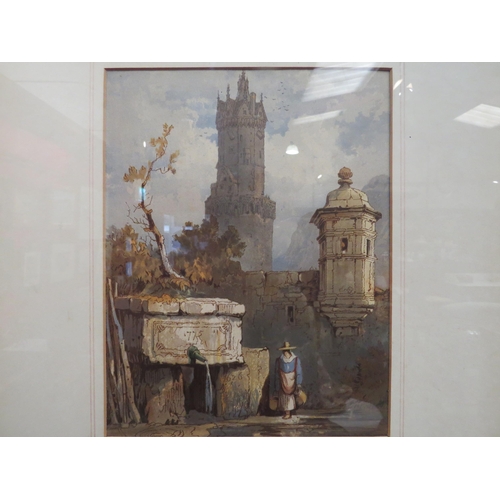 4050 - A watercolour depicting church tower and ruin with figure carrying baskets by a water fountain, fram... 