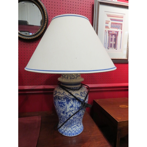 4052 - A pair of modern blue and white ginger jar form table lamps with shades