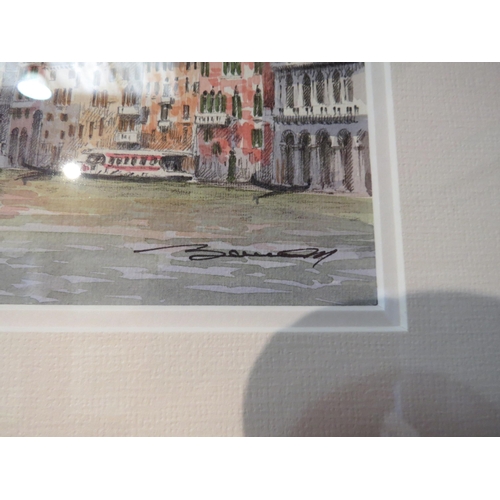 4090 - Two signed coloured prints of Venice and another, framed and glazed (3)