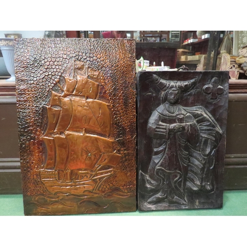 4273 - A carved wooden panel with figural detail, a copper panel on wooden board of a galleon and an Arts &... 