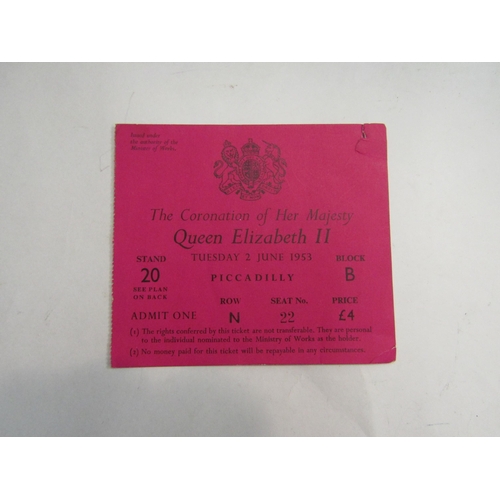 4308 - A collection of Coronation items relating 1953 Queen Elizabeth II including public ticket to Picadil... 