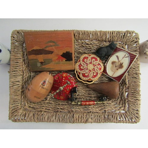 4330 - A rattan tray containing miscellaneous curios including enamel box, soapstone, marquetry box, etc   ... 