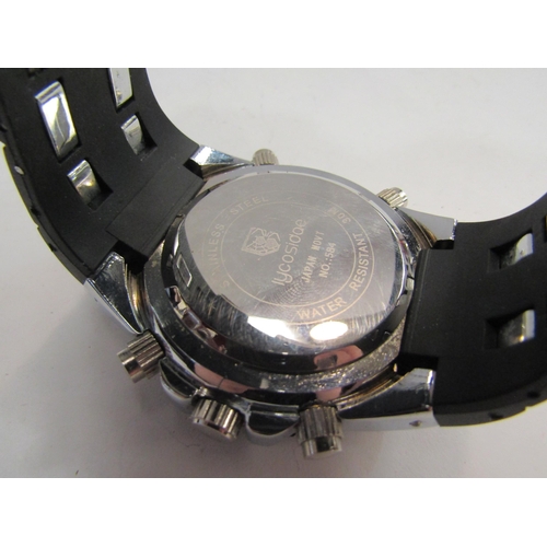 4360 - A Lycosidae dual time alarm chronograph wristwatch, polished steel case with rubber wrist strap, rec... 