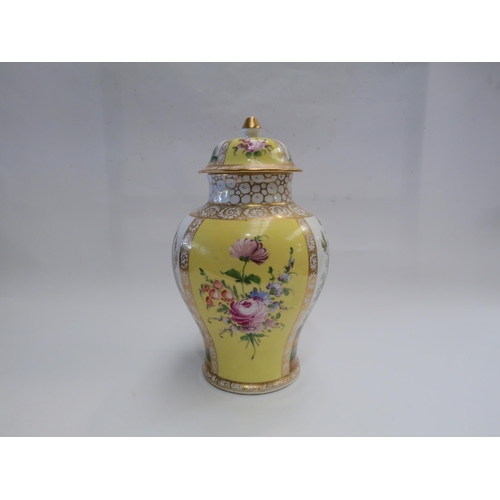 4382 - A 20th Century Dresden style lidded vase, yellow ground, 30cm high