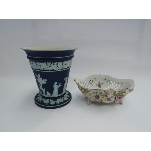 4408 - A Wedgwood Jasperware rose vase, two cut glass plates and  a Capodimonte pierced footed bowl with fl... 