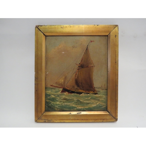 4415 - A 19th Century oil on canvas depicting sailing vessel at sea in moody sea, canvas a/f in one area an... 