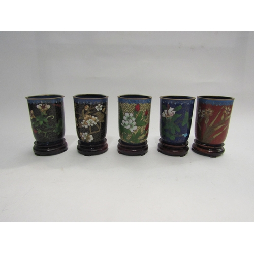 4443 - A set of 12 Japanese cloisonne pots within a display shelf, various designs incuding floral sprays