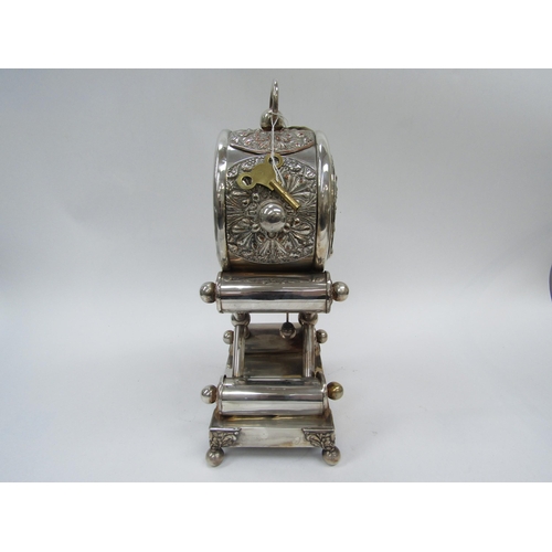 6027 - An Austrian mantel clock, circa 1840, silk suspension, one-day movement in silver plated case of unu... 