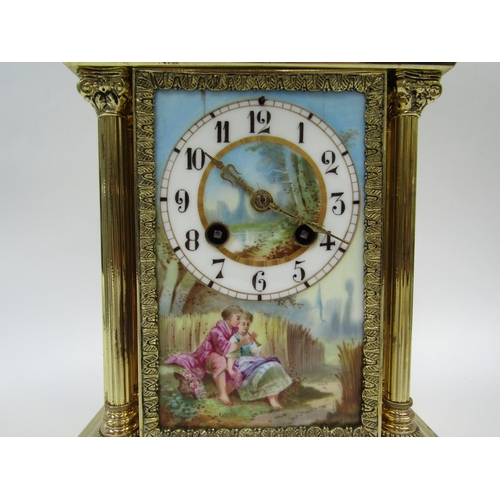 6028 - A Mid 19th Century French brass cased mantel clock with hand painted porcelain front panel depicting... 