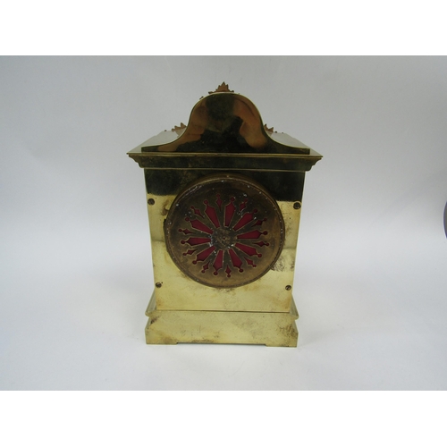 6028 - A Mid 19th Century French brass cased mantel clock with hand painted porcelain front panel depicting... 