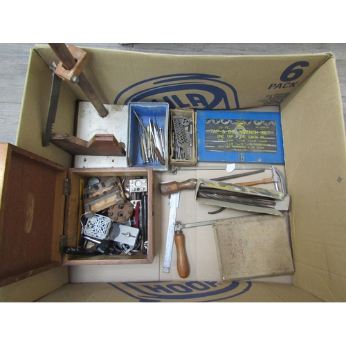 6057 - Two boxes of assorted hand tools including files, taps and dies, screw plates, oil pumps, vernier, e... 