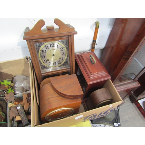 6069 - Three boxes of clock movements, cases, mainsprings, pendulums, gongs, etc including a single fusee 1... 