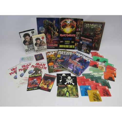 8243 - IRON MAIDEN: A collection of assorted memorabilia including two signed postcards, aftershow and gues... 