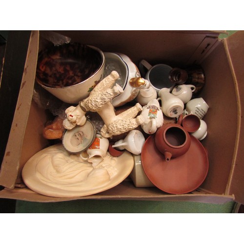 4234 - A box of miscellaneous ceramics, stoneware including: miniature tea set etc. Crested ware including ... 