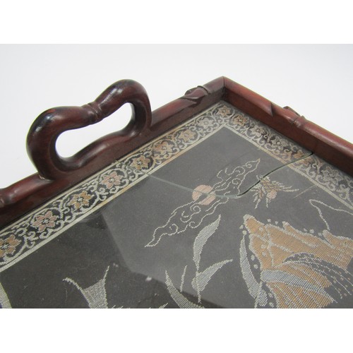 9027 - A Chinese rosewood drinks tray, twin handles, converted to a wall hanging, with machine woven surfac... 