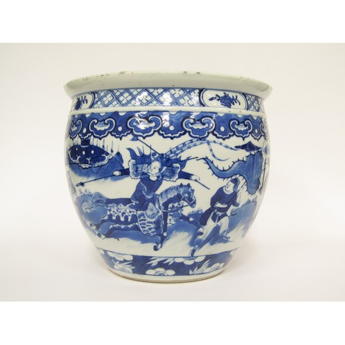 9036 - A Chinese blue and white jardinière with scene of warriors on horseback and flagbearer marching on, ... 