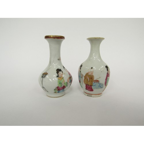 9034 - Two Oriental polychrome miniature vases of bulbous form, handpainted figural decoration enriched wit... 