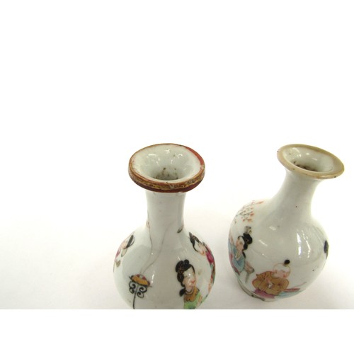 9034 - Two Oriental polychrome miniature vases of bulbous form, handpainted figural decoration enriched wit... 