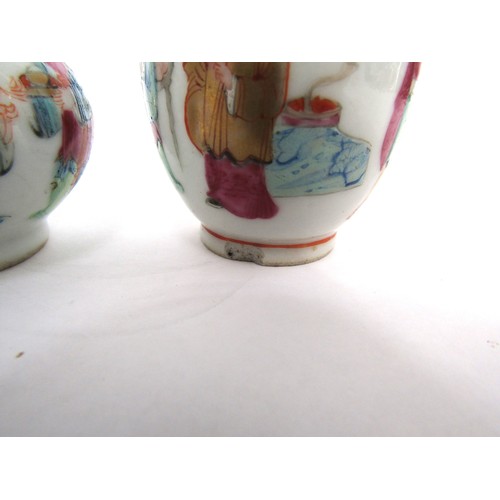 9034 - Two Oriental polychrome miniature vases of bulbous form, handpainted figural decoration enriched wit... 