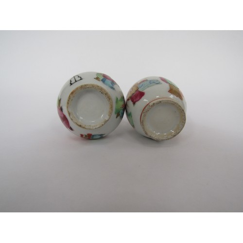 9034 - Two Oriental polychrome miniature vases of bulbous form, handpainted figural decoration enriched wit... 